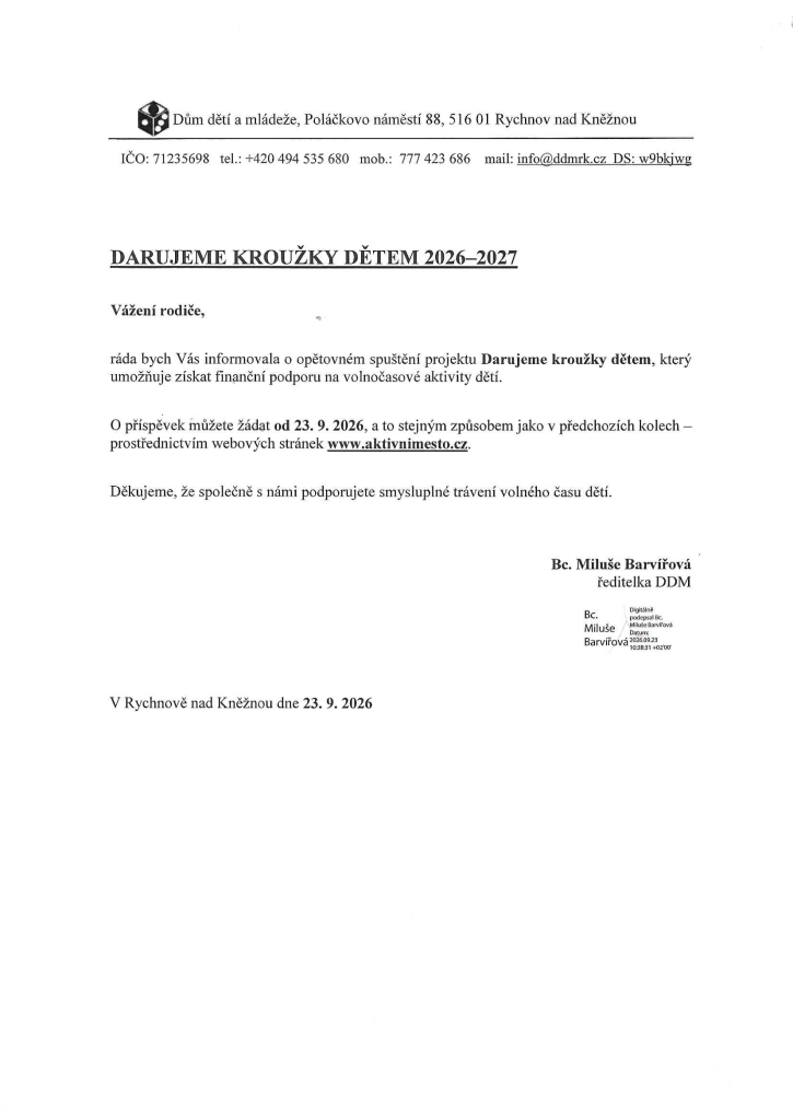 DARUJEME KROUŽKY DĚTEM